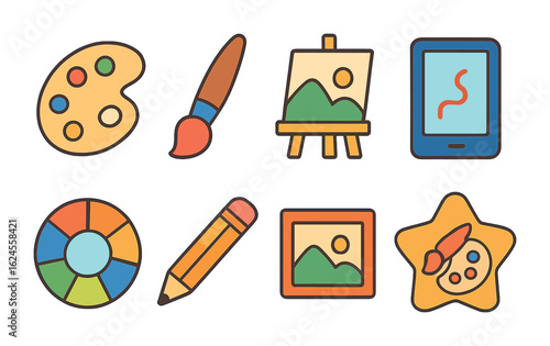 Children's Art Icons. Flat vector mini-illustrations creative art learning apps in colors children's