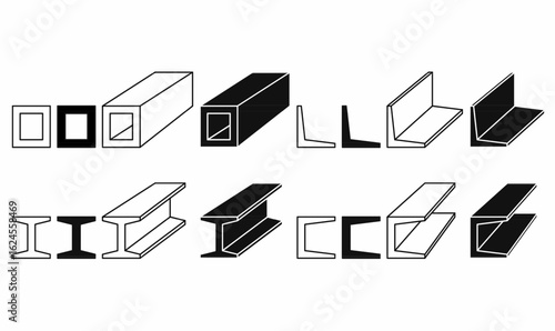 Vector illustration icon set of metal beams with outline and silhouette, including I beam, H beam, box, pipe, C channel, and angle bar, ideal for construction, architecture, and projects.