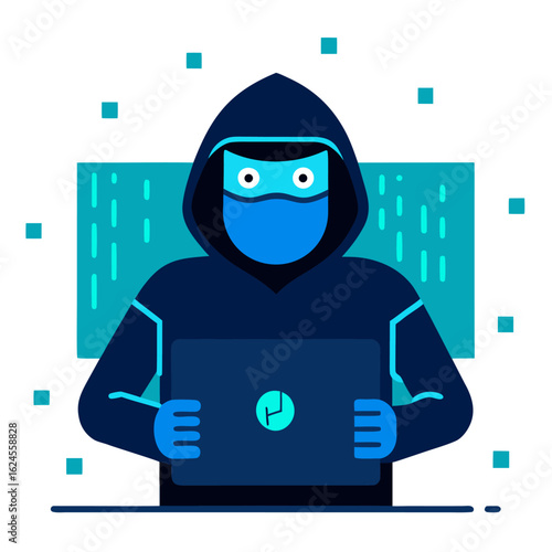 Digital Rogue with Laptop and Matrix Code in Stylized Blue Vector Badge
