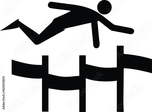 Black and white silhouette of a person jumping over hurdles in a race running athlete