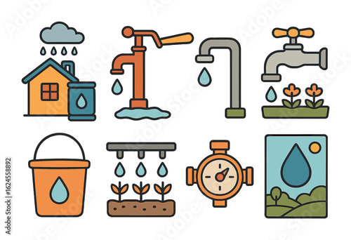 Sustainable Water Icons. Flat vector mini-illustrations Sustainable water use for hygiene in colors children's