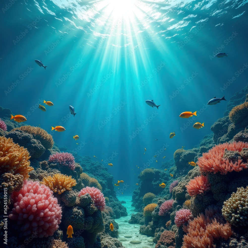 Naklejka premium vibrant coral reef under crystal clear water stunning marine life colorful fish tropical paradise, sea, underwater, ocean, aquatic, vibrancy, nature, vivid