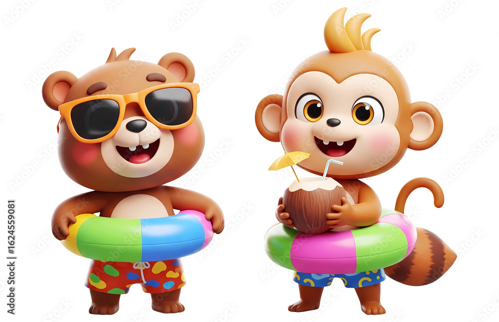Naklejka premium 3D cute cartoon bear and monkey characters with swim rings isolated on transparent background, PNG file add