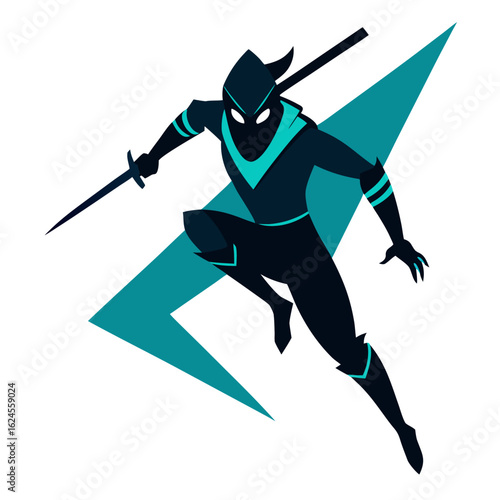 Leaping Stealth Assassin with Sword Trail and Teal Accents in Angular Vector Format