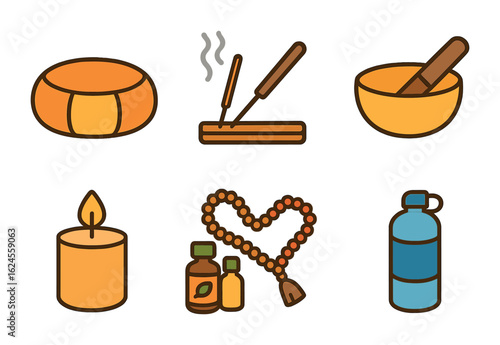 Child-Friendly Meditation Icons. Flat vector mini-illustrations Meditation accessories in colors children's