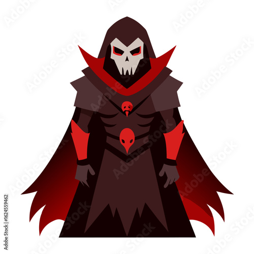 Skull-Masked Warrior in Cloak with Blood-Red Highlights in Moody Vector Style