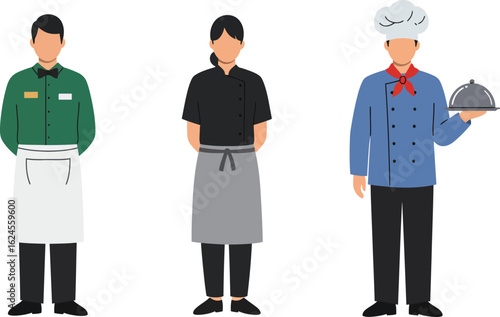 Three diverse restaurant staff members including a chef holding a platter isolated on transparent background