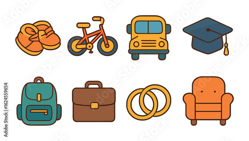 Life Stages Icons. Flat vector mini-illustrations Growing up and change in colors children's illustrations: