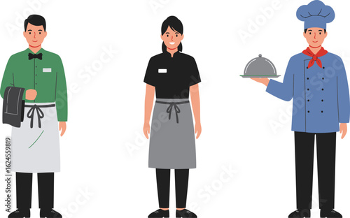 Three restaurant staff members including a waiter waitress and chef holding a food cover isolated on transparent background