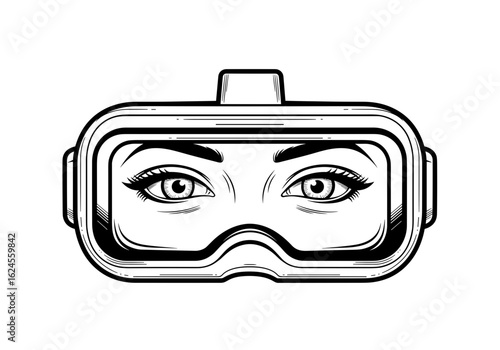 Illustration of woman’s eyes in diving goggles for underwater exploration concept