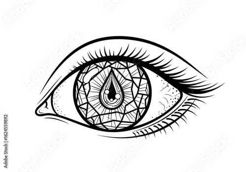 Intricate eye design with geometric patterns and teardrop symbolizing emotion and depth