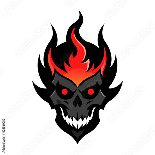 Demonic Skull with Red Eyes in Black Flames on Clean Background for Intense Vector Emblem