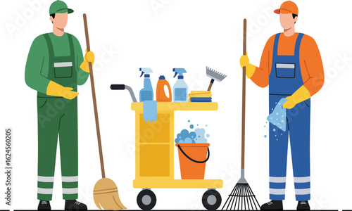 Two cartoon cleaners in uniform with cleaning cart and tools isolated on transparent background