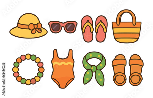 Summer Essentials Grid. Flat vector mini-illustrations Summer fashion accessories in colors children's