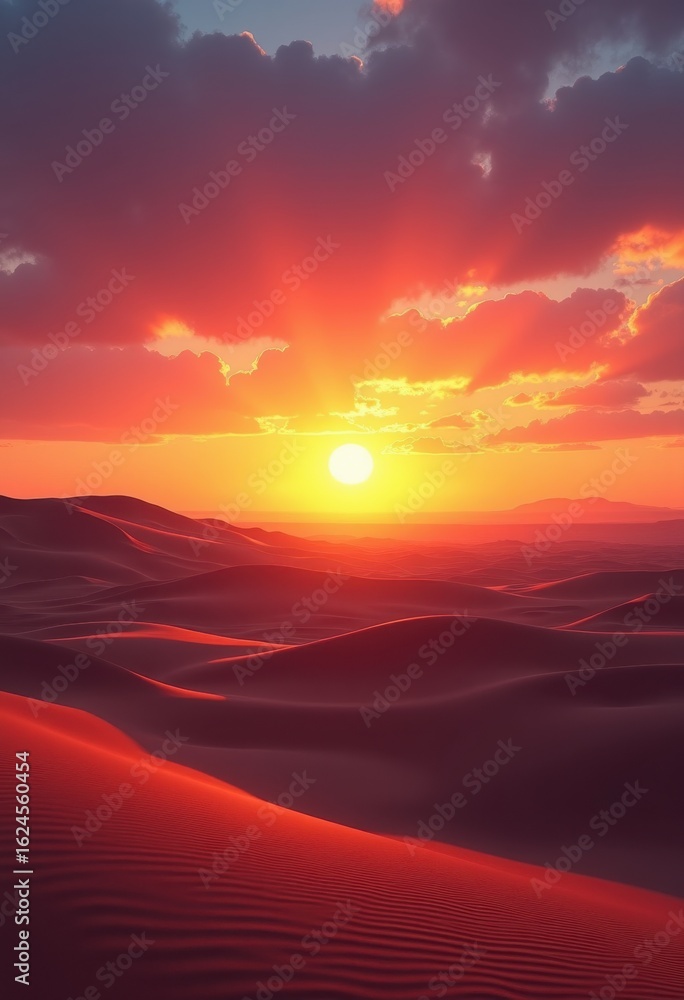 Fototapeta premium vibrant desert sunset silhouette dunes radiant colors sky natural beauty evening landscape, nature, horizon, cloud, terrain, sand, texture, lighting, moody