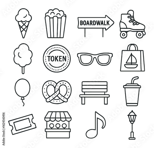Boardwalk icons: ice cream, popcorn, roller skates, park bench, sailboat, pretzel