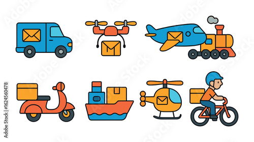 Mail Transport Icons. Flat vector mini-illustrations mail transportation vehicles in colors children's