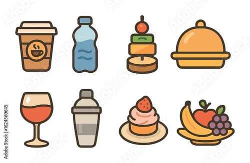 Corporate Event Feast. Flat vector mini-illustrations Corporate event food and drinks in colors children's