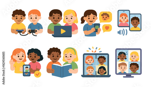 Digital Friendship Icons. Flat vector mini-illustrations Digital friendship activities in colors children's