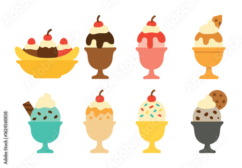 Colorful Ice Cream Sundaes. Flat vector mini-illustrations Classic ice cream sundaes in colors children's