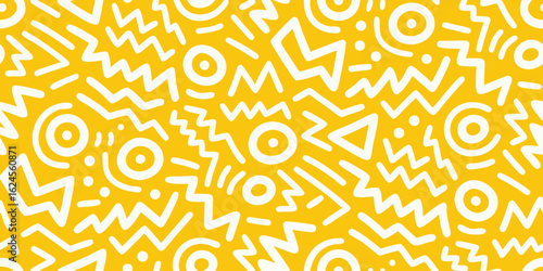 Retro memphis style pattern with white geometric shapes on yellow background