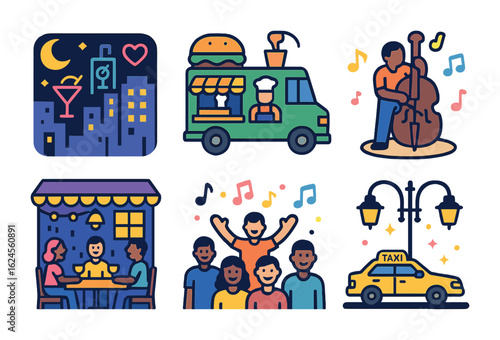 Vibrant City Nightlife. Flat vector mini-illustrations Nightlife in a busy city street in colors children's