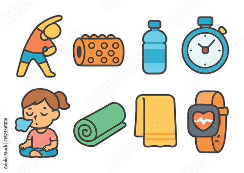 Kids' Exercise Icons. Flat vector mini-illustrations Warm-up and cool-down exercises in colors children's