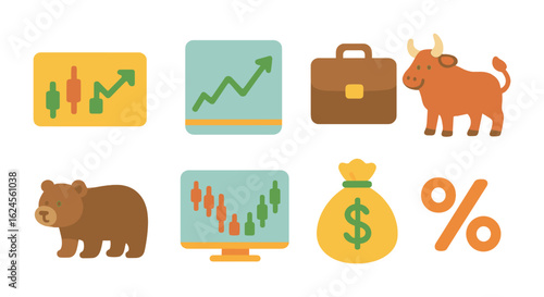 Stock Market Icons. Flat vector mini-illustrations Stock market basics in colors children's illustrations: