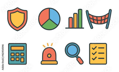 Investment Risk Icons. Flat vector mini-illustrations Risk management in investments in colors children's