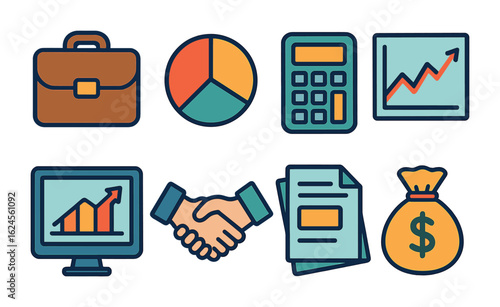 Whimsical Finance Icons. Flat vector mini-illustrations Portfolio management in colors children's
