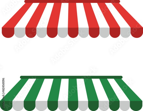 Two striped awnings one red and white and one green and white isolated on transparent background