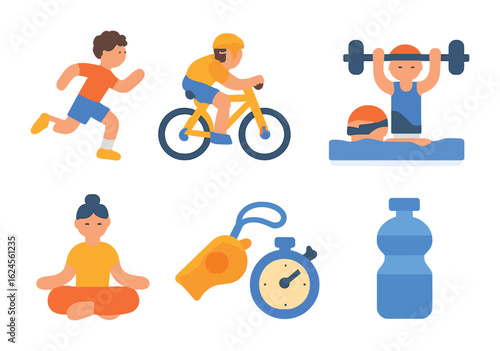 Athletes in Action. Flat vector mini-illustrations Athletes in training in colors children's illustrations: