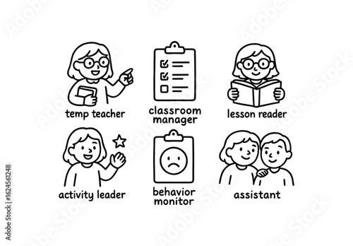hand drawn cute doodle style line isolated on white background substitute teacher (roles): temp teacher classroom manager lesson reader activity leader behavior monitor assistant