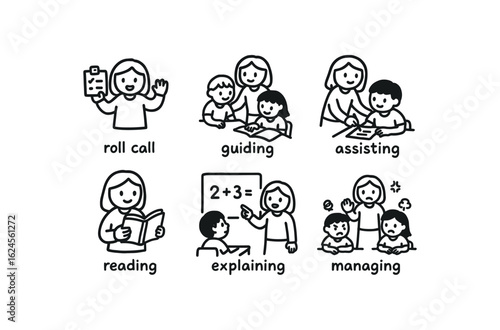 hand drawn cute doodle style line isolated on white background substitute teacher (activities): roll call guiding assisting reading explaining managing