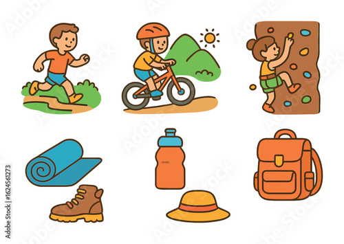 Outdoor Fitness Icons. Flat vector mini-illustrations Outdoor fitness activities in colors children's