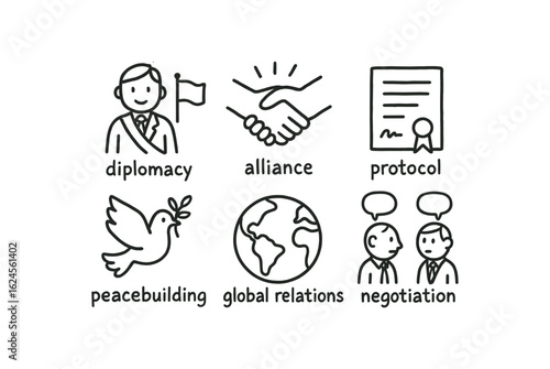 hand drawn cute doodle style line isolated on white background foreign ambassador (concepts): diplomacy alliance protocol peacebuilding global relations negotiation