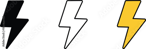Three stylized lightning bolt icons in black white and yellow isolated on transparent background