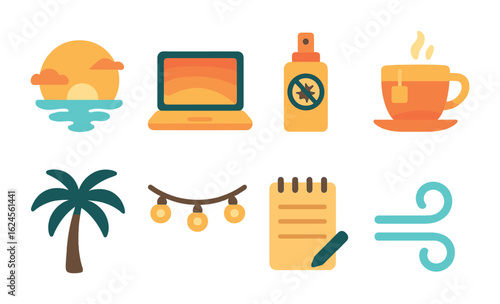 Sunset Productivity Icons. Flat vector mini-illustrations sunset productivity sessions in colors children's