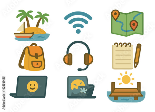 Freelancing Island Hoppers. Flat vector mini-illustrations freelancing while island hopping in colors children