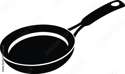 Black silhouette of a frying pan with a curved handle on a white background cooking kitchen