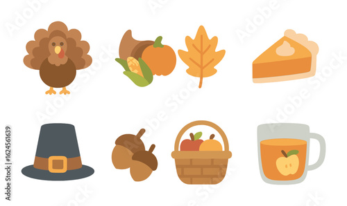 Thanksgiving Icons for Kids. Flat vector mini-illustrations Thanksgiving for kids in colors children's