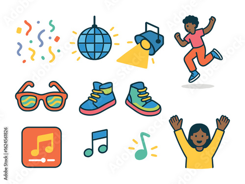 Children's Dance Party Icons. Flat vector mini-illustrations Freestyle dance party in colors children's