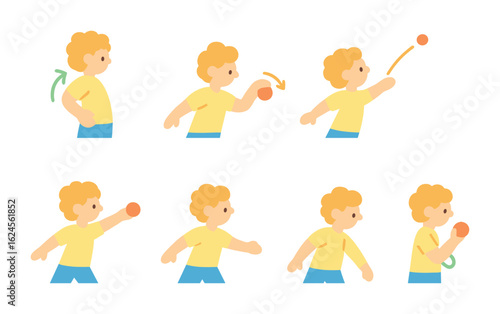 Throwing Mechanics Icons. Flat vector mini-illustrations Throwing mechanics in colors children's illustrations