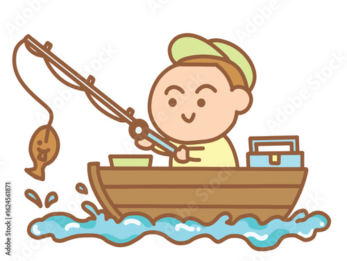 Little boy are fishing on the boat colorful cartoon style.