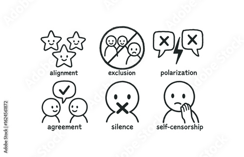hand drawn cute doodle style line isolated on white background ideological screening (effects): alignment exclusion polarization agreement silence self censorship
