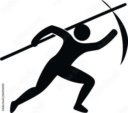 Black silhouette of a javelin thrower in action on a white background Keywords: javelin throw, athlete, sport, throwing, javelin, competition, athletic, fitness, exercise, movement, dynamic