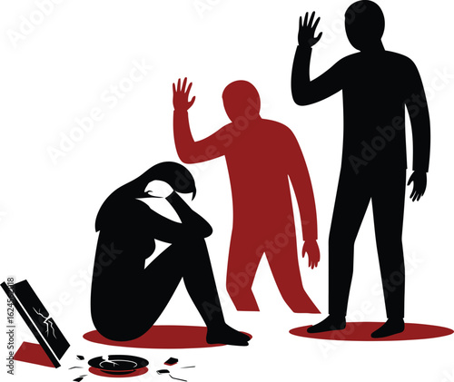 Three silhouettes one sits covering their face beside a broken plate and cracked frame; two stand—one raising a hand, one in shadow—symbolizing conflict and emotional turmoil.