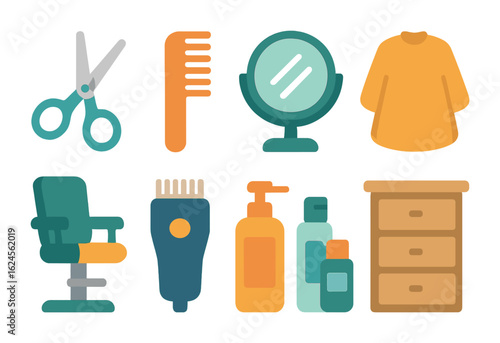 Colorful Hairdresser Icons. Flat vector mini-illustrations Hairdresser workstation layout in colors children's