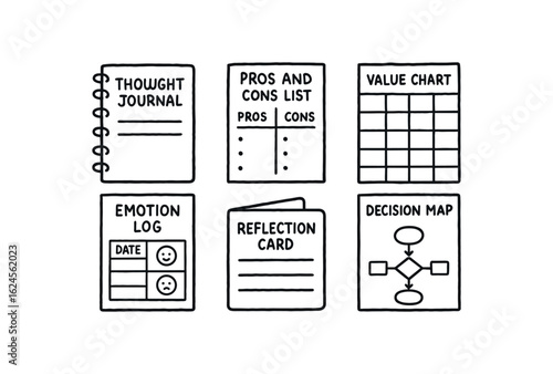 hand drawn cute doodle style line isolated on white background cognitive dissonance filter (tools): thought journal pros and cons list value chart emotion log reflection card decision map