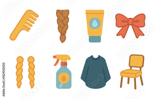 Children's Hair Styling Icons. Flat vector mini-illustrations Braiding and styling session in colors